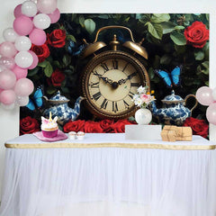Lofaris Verwunschener Garten Hochzeit Hintergrund Vintage Uhr Rote Rosen Teekannen