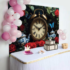 Lofaris Verwunschener Garten Hochzeit Hintergrund Vintage Uhr Rote Rosen Teekannen