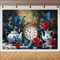 Lofaris Vintage Uhr Blaue Schmetterlinge Hochzeit Hintergrund Rote Rosen Teekannen