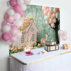 Lofaris Pinkes Feenhaus Reh Geburtstag Hintergrund Pastell Ballons Wald Party Deko