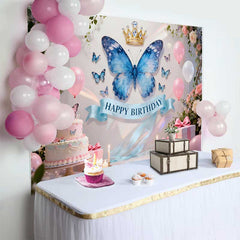 Lofaris Eleganter Blauer Schmetterling Goldene Krone Geburtstag Hintergrund Blumen