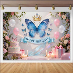 Lofaris Eleganter Blauer Schmetterling Goldene Krone Geburtstag Hintergrund Blumen