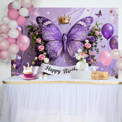 Lofaris Eleganter Lila Schmetterling Geburtstag Hintergrund Goldene Krone Blumen Deko