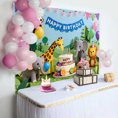 Lofaris Bunte Cartoon Dschungel Safari Tiere Happy Birthday Fotohintergrund Torte Ballons Party Deko