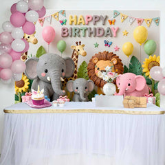 Lofaris Süße Safari Tiere Happy Birthday Fotohintergrund Giraffe Elefant Löwe Pastell Dschungel Party
