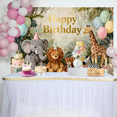 Lofaris Happy Birthday Dschungel Safari Tiere Fotohintergrund Aquarell Elefant Löwe Giraffe Ballons
