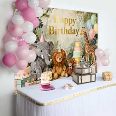 Lofaris Happy Birthday Dschungel Safari Tiere Fotohintergrund Aquarell Elefant Löwe Giraffe Ballons