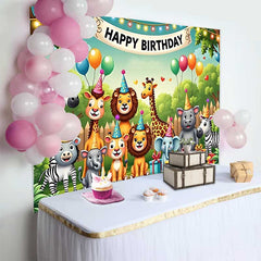 Lofaris Süße Safari Tiere Happy Birthday Fotohintergrund Partyhüte und Ballons Kinder Party Dekoration
