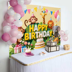 Lofaris Süße Dschungel Tiere Happy Birthday Fotohintergrund Torte und Ballons Safari Thema Dekoration