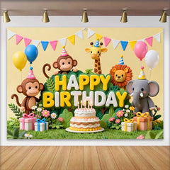 Lofaris Süße Dschungel Tiere Happy Birthday Fotohintergrund Torte und Ballons Safari Thema Dekoration