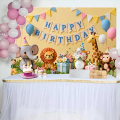 Lofaris Gelber Happy Birthday Fotohintergrund Süße Safari Tiere Pastell Ballons Geschenke Kinder Party