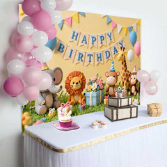 Lofaris Gelber Happy Birthday Fotohintergrund Süße Safari Tiere Pastell Ballons Geschenke Kinder Party