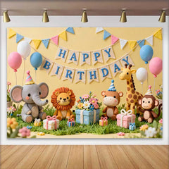 Lofaris Gelber Happy Birthday Fotohintergrund Süße Safari Tiere Pastell Ballons Geschenke Kinder Party