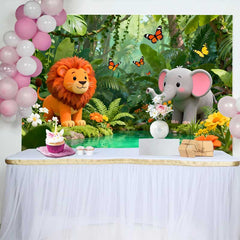 Lofaris Süßer Cartoon Löwe Elefant Dschungel Geburtstag Fotohintergrund Wilde Safari Abenteuer Party