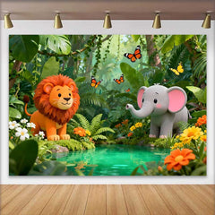 Lofaris Süßer Cartoon Löwe Elefant Dschungel Geburtstag Fotohintergrund Wilde Safari Abenteuer Party
