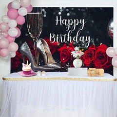 Lofaris Eleganter Schwarz Silber Glitzer Happy Birthday Fotohintergrund Rote Rosen Champagner High Heels
