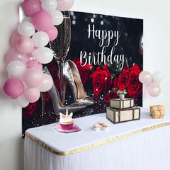Lofaris Eleganter Schwarz Silber Glitzer Happy Birthday Fotohintergrund Rote Rosen Champagner High Heels