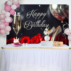 Lofaris Eleganter Schwarz Silber Glitzer Happy Birthday Fotohintergrund Champagner High Heels Rote Rosen
