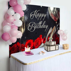 Lofaris Eleganter Schwarz Silber Glitzer Happy Birthday Fotohintergrund Champagner High Heels Rote Rosen
