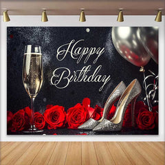 Lofaris Eleganter Schwarz Silber Glitzer Happy Birthday Fotohintergrund Champagner High Heels Rote Rosen