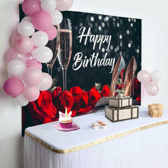 Lofaris Schwarz Rot Happy Birthday Fotohintergrund Champagnergläser Rosen Glitzer High Heels Elegante Deko
