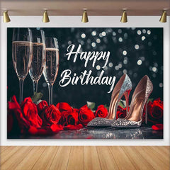 Lofaris Schwarz Rot Happy Birthday Fotohintergrund Champagnergläser Rosen Glitzer High Heels Elegante Deko