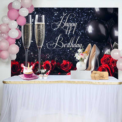 Lofaris Schwarz Glitzer Happy Birthday Fotohintergrund Champagner Rote Rosen Silber High Heels Feier