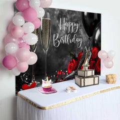 Lofaris Schwarz Rot Gold Happy Birthday Fotohintergrund Champagner Glitzer High Heels Rosen Elegante Feier