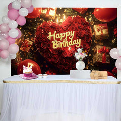 Lofaris Rote Rosen Herz Happy Birthday Fotohintergrund Goldene Geschenke Ballons Elegante Feier Party