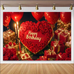 Lofaris Rotes Herz und Rosen Happy Birthday Fotohintergrund Elegante Gold Geschenke Ballons Dekoration