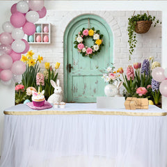 Lofaris Frühlingshafter Osterhintergrund mit Hasen und Eiern, mintgrüner Tür und Blumenkranz, für Fotoshootings