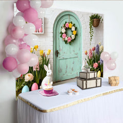 Lofaris Frühlingshafter Osterhintergrund mit Hasen und Eiern, mintgrüner Tür und Blumenkranz, für Fotoshootings