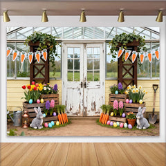 Lofaris Frühlingshafter rustikaler Gewächshaus-Osterhintergrund mit Osterhasen und bunten Eiern, für Familienfotos