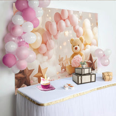 Lofaris Rosa Creme Teddybär-Babyparty-Hintergrund mit Ballons Wolken und Sternen, süße Fotokulisse für und Kinderzimmer-Dekoration