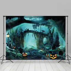 Ruiniert Grab Wald Kürbis Nebel Halloween Hintergrund