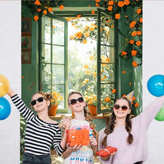 Lofaris Frühlingsfenster Hintergrund Orange Blumen Holzschemel