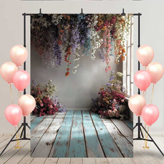 Lofaris Vintage Holzboden Hintergrund Blau-Weiß Bunte Blumen