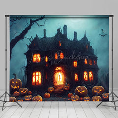 Horror Stimmung Kürbis Aus Holz Schloss Halloween Nacht Hintergrund