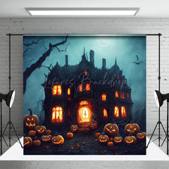 Horror Stimmung Kürbis Aus Holz Schloss Halloween Nacht Hintergrund