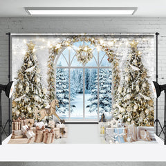 Lofaris Jahrgang Ziegel Wand Fenster Schnee Wald Weihnachten Hintergrund