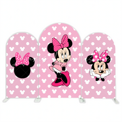 Minnie Maus Rosa Punkte Thema Happy Birthday Bogenhintergrund Abdeckung Schleife Deko