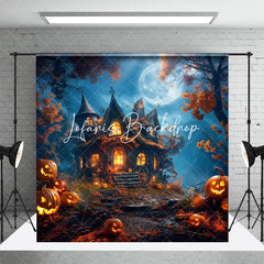 Mond Nacht Schloss Bäume Kürbisse Halloween Hintergrund