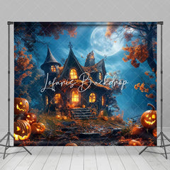 Mond Nacht Schloss Bäume Kürbisse Halloween Hintergrund