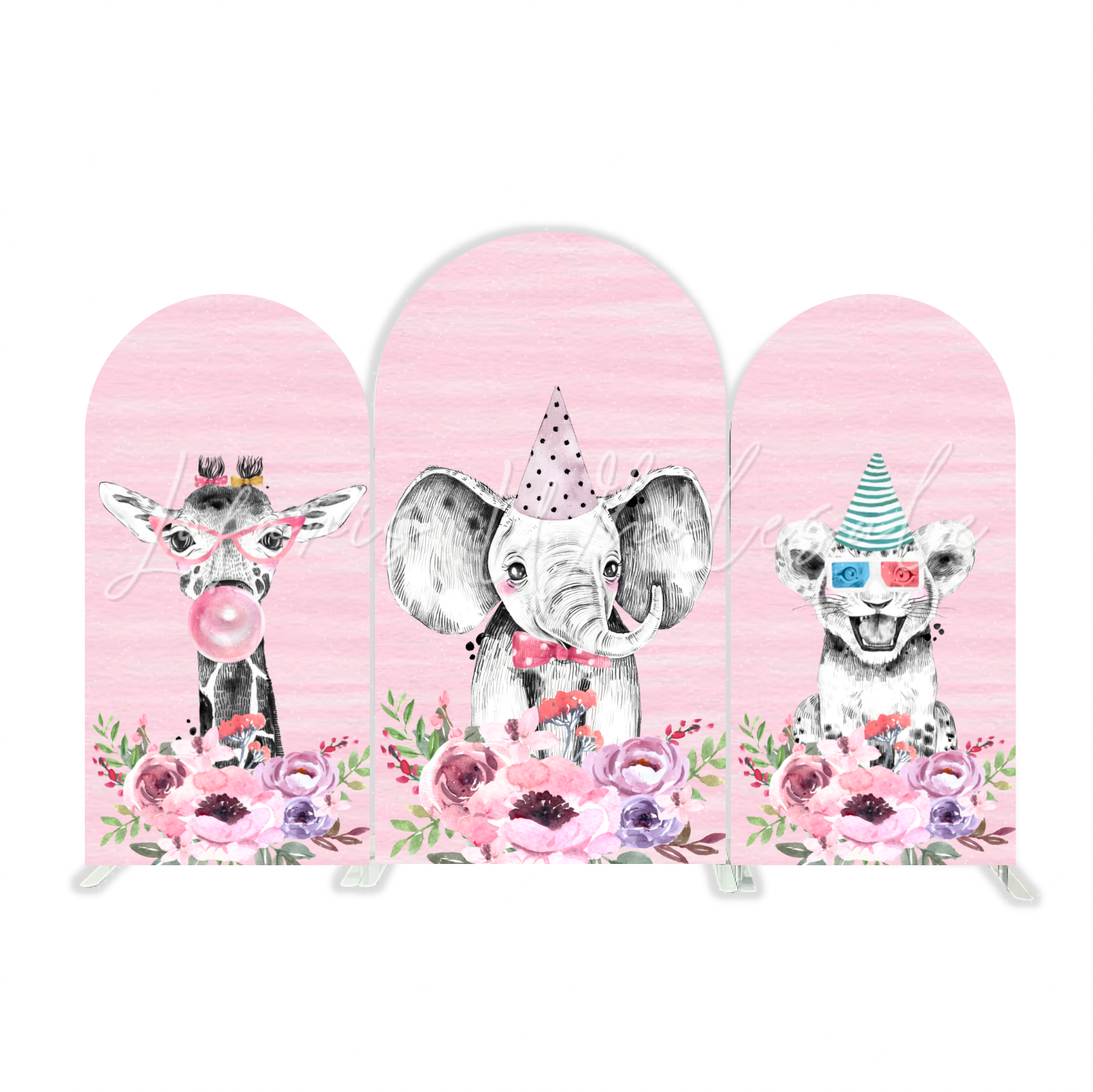 Pink Safari Animal Rosa Dschungel Tiere Happy Birthday Bogenhintergrund Abdeckung Mädchen