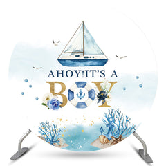 Ahoi Es ist A Junge Blau Meer Schiff Runden Babydusche Hintergrund