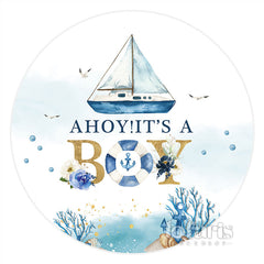 Ahoi Es ist A Junge Blau Meer Schiff Runden Babydusche Hintergrund