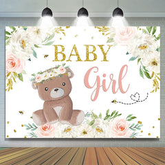 Baby Mädchen Teddy Tragen Und Blumen babydusche Hintergrund