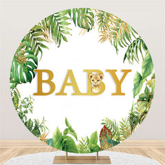 Grün Blätter Und Leopard Runden Gold Baby Dusche Hintergrund