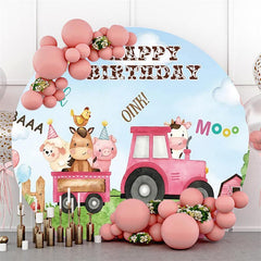 Rosa Zug Mit Niedlich Tiere Geburtstag Runden Hintergrund