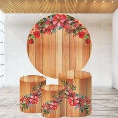 Rot Blumen Und Braun Holz Runden Geburtstag Hintergrund Bausatz